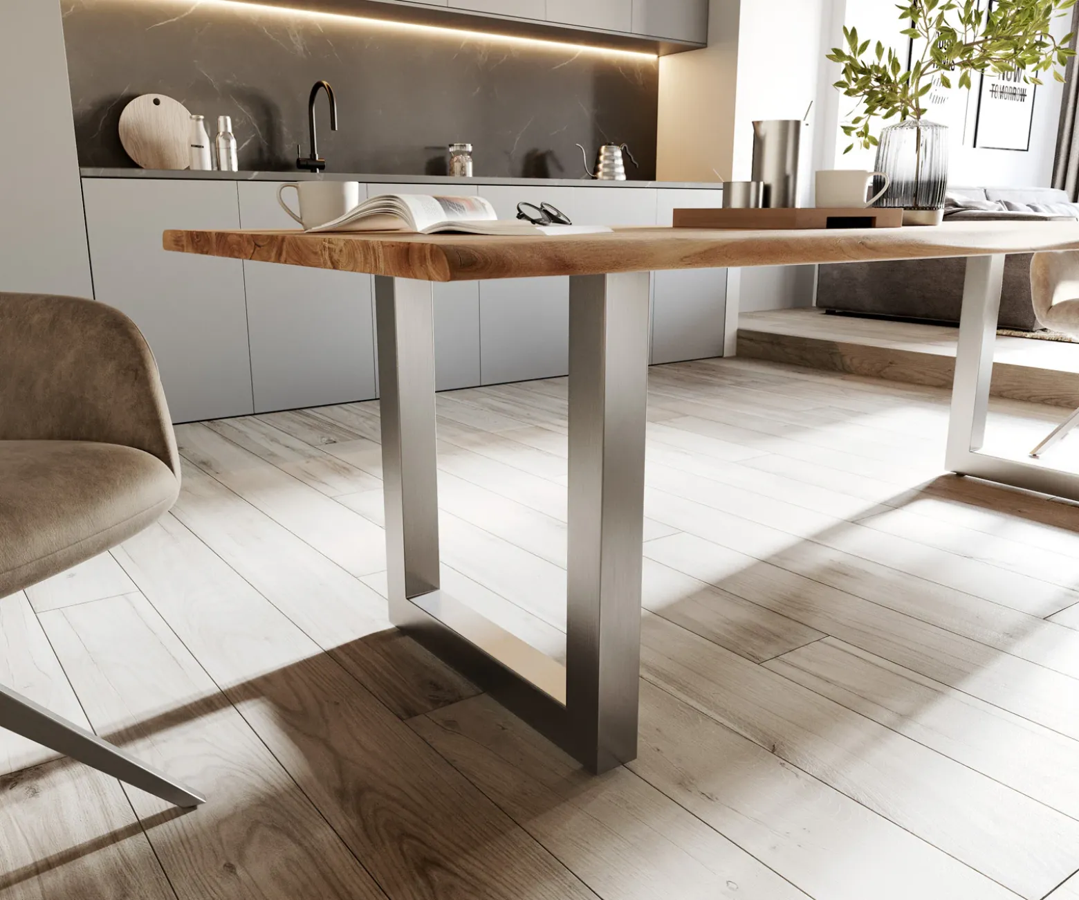 EsstischEdge 260x100 Akazie Natur Edelstahl Breit Live- Sofort versandfertig