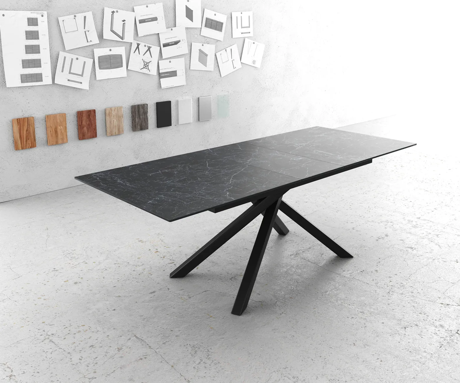 EsstischEdge 180-220x100cm Keramik Laminam®Nero Greco Anthrazit Kreuzgestell Rechteck Schwarz ausziehbar Sofort versandfertig