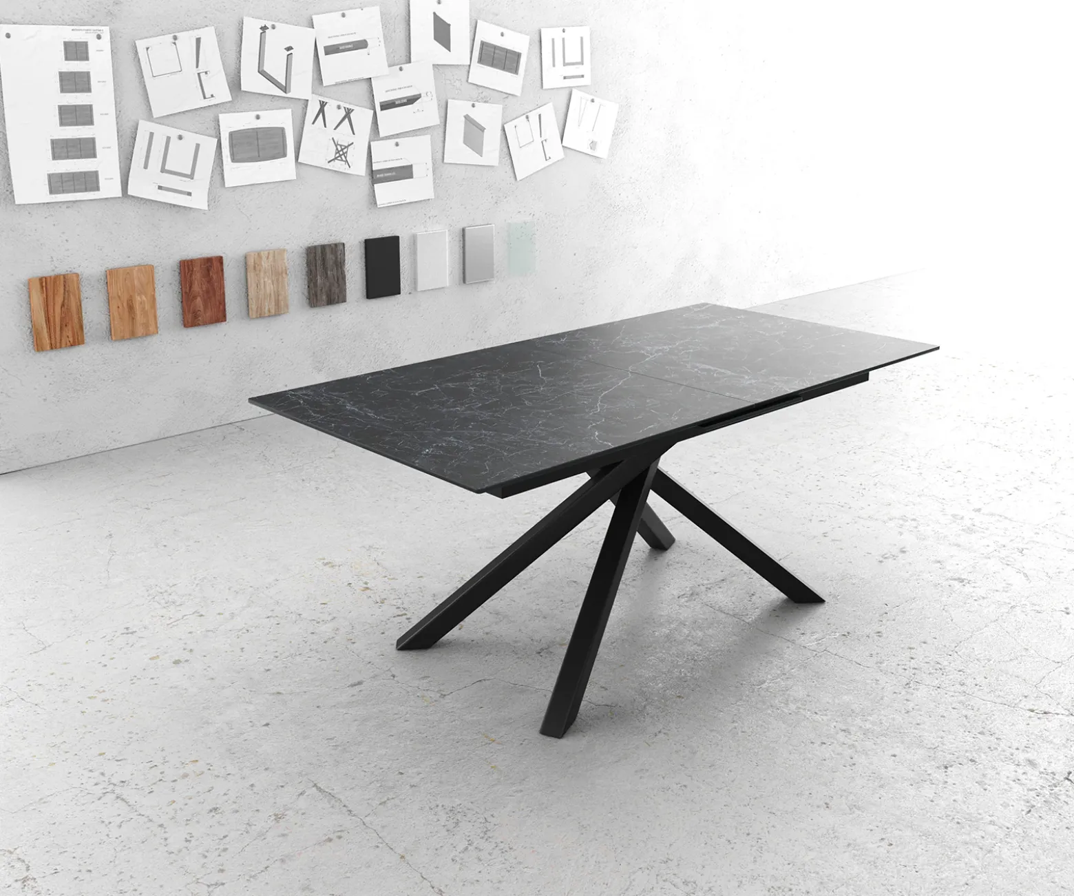 EsstischEdge 180-220x100cm Keramik Laminam®Nero Greco Anthrazit Kreuzgestell Rechteck Schwarz ausziehbar Sofort versandfertig