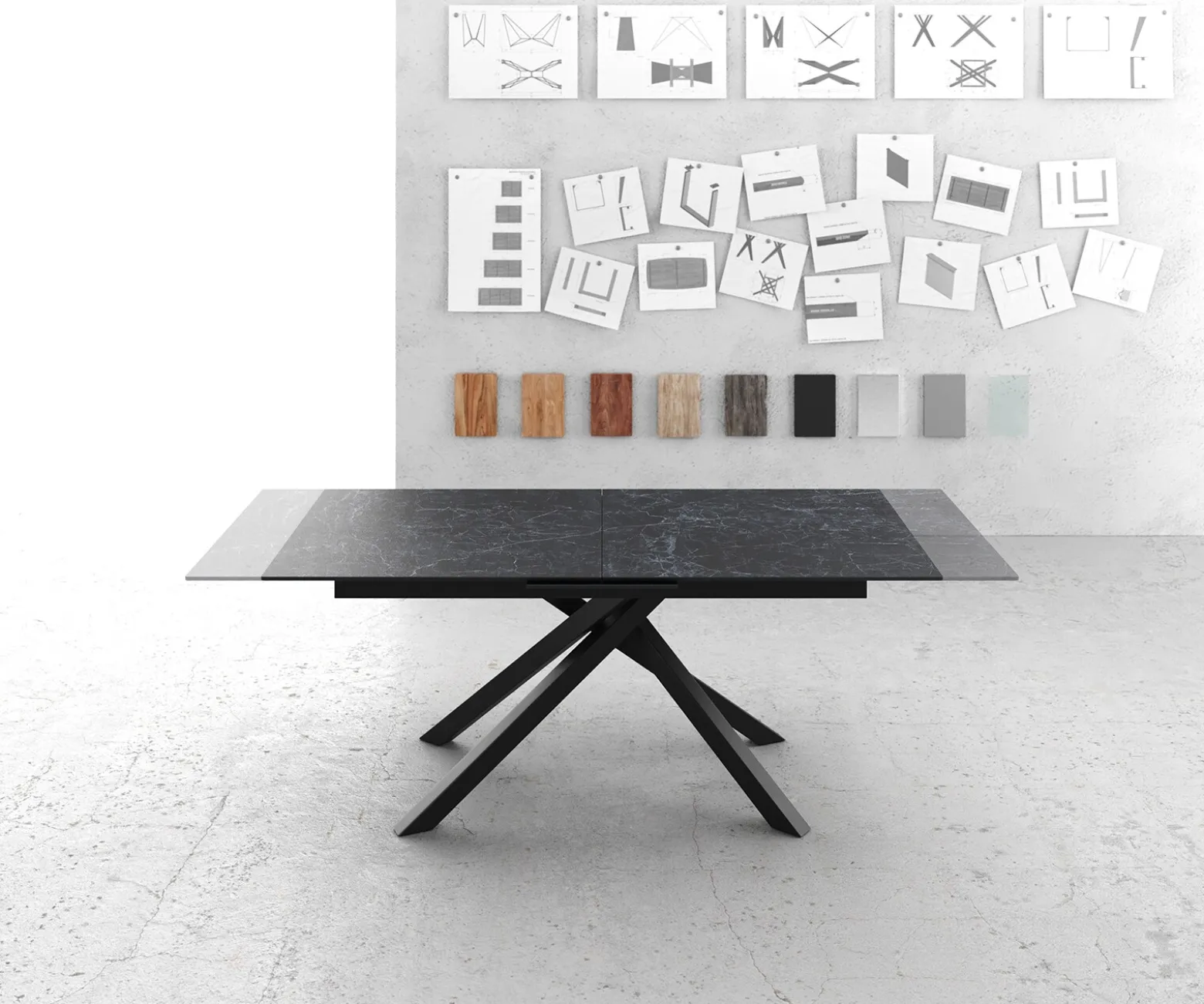 EsstischEdge 180-220x100cm Keramik Laminam®Nero Greco Anthrazit Kreuzgestell Rechteck Schwarz ausziehbar Sofort versandfertig