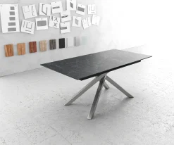 EsstischEdge 180-220x100cm Keramik Laminam®Nero Greco Anthrazit Kreuzgestell Rechteck Edelstahl ausziehbar Sofort versandfertig