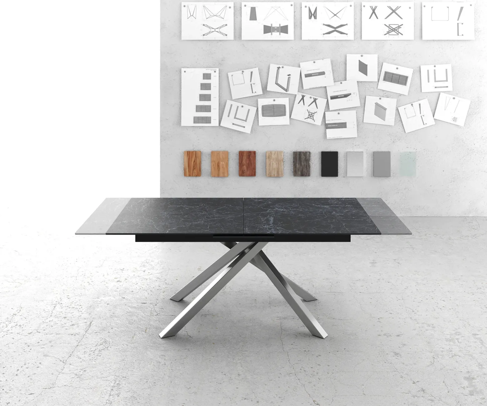 EsstischEdge 180-220x100cm Keramik Laminam®Nero Greco Anthrazit Kreuzgestell Rechteck Edelstahl ausziehbar Sofort versandfertig