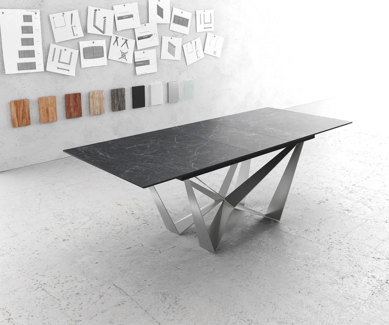 EsstischEdge 180-220x100cm Keramik Laminam®Nero Greco Anthrazit Mittelfuß Flachstahl Silber ausziehbar Sofort versandfertig