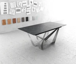 EsstischEdge 180-220x100cm Keramik Laminam®Nero Greco Anthrazit Mittelfuß Flachstahl Silber ausziehbar Sofort versandfertig