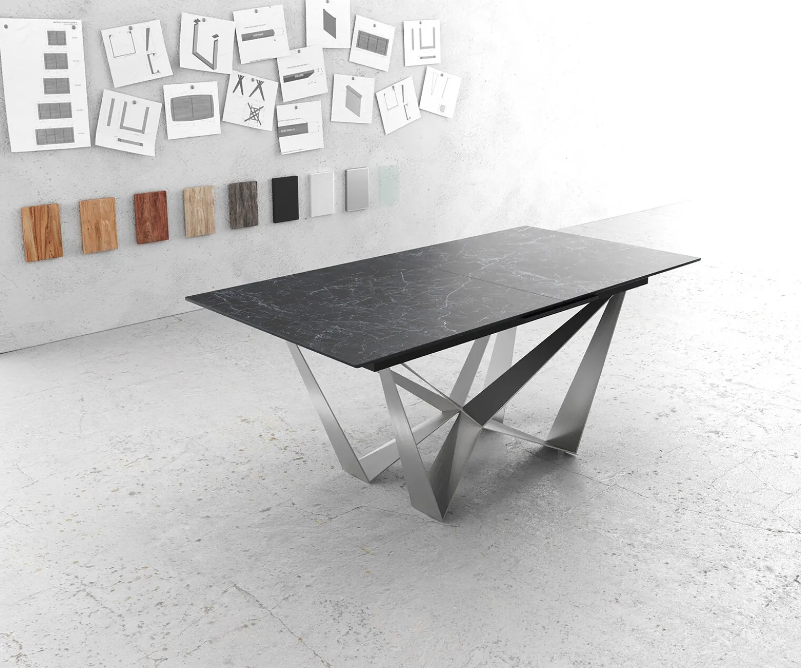 EsstischEdge 180-220x100cm Keramik Laminam®Nero Greco Anthrazit Mittelfuß Flachstahl Silber ausziehbar Sofort versandfertig
