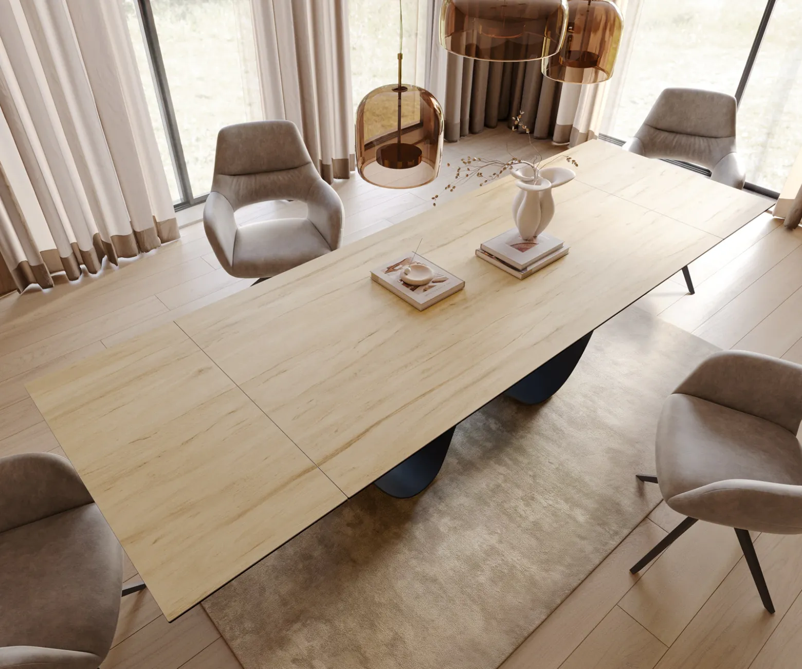 EsstischEdge 200-300x100 cm Keramik Laminam® Sabbia Eichefarbig Infinity Metall Schwarz ausziehbar Versandfertig ca. 25.09.26