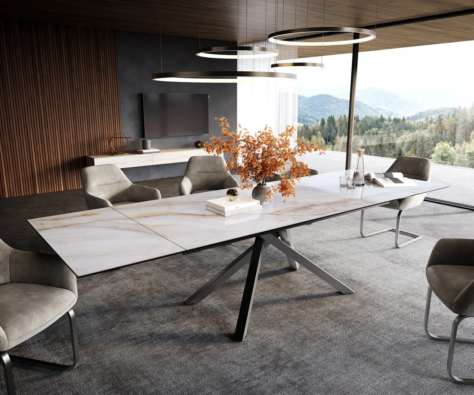 EsstischEdge 200-300x100 cm Keramik Onyx Pearl Kreuzgestell Rechteck Edelstahl Graphit ausziehbar Sofort versandfertig