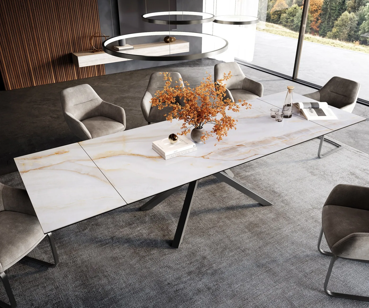 EsstischEdge 200-300x100 cm Keramik Onyx Pearl Kreuzgestell Rechteck Edelstahl Graphit ausziehbar Sofort versandfertig