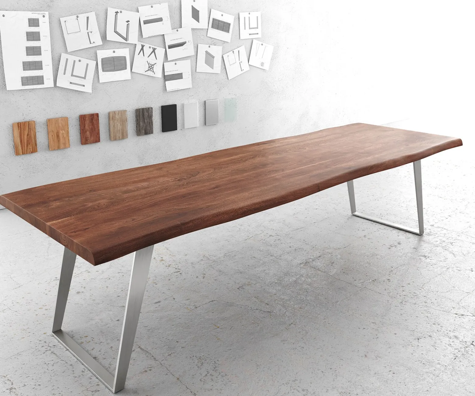 EsstischEdge 300x100cm XL Akazie Braun Edelstahl Silber schräg Live- Versandfertig ca. 07.11.26