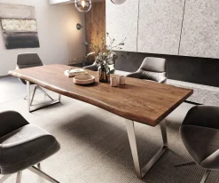 EsstischEdge 260x100cm XL Akazie Braun Edelstahl Silber schräg Live- Sofort versandfertig