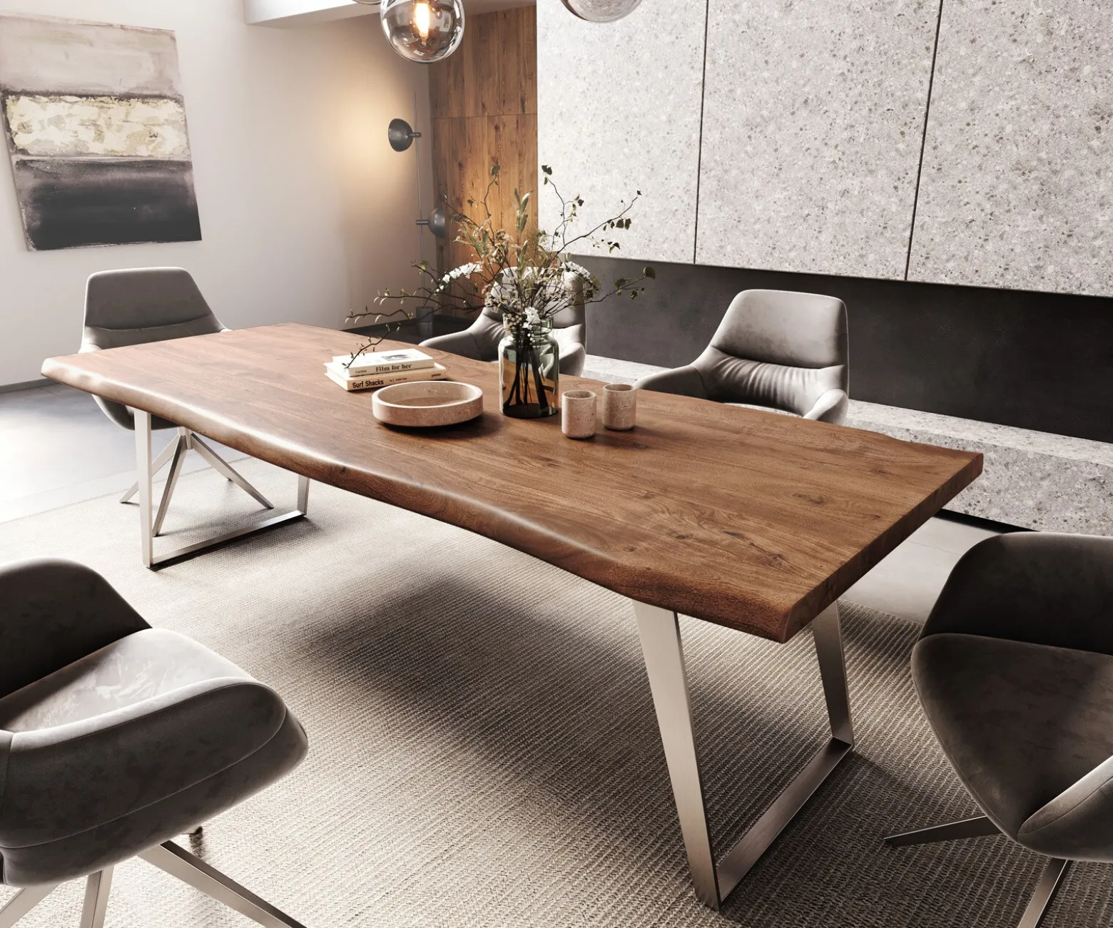 EsstischEdge 260x100cm XL Akazie Braun Edelstahl Silber schräg Live- Sofort versandfertig