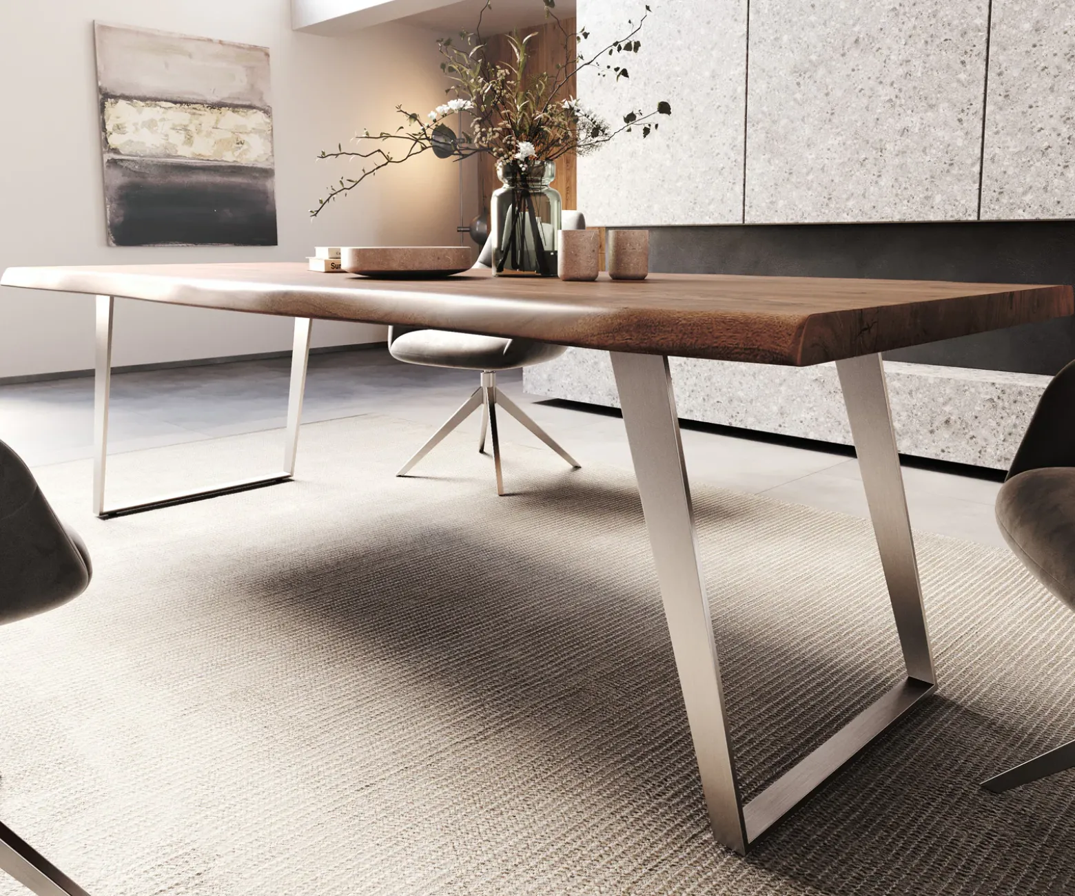 EsstischEdge 260x100cm XL Akazie Braun Edelstahl Silber schräg Live- Sofort versandfertig