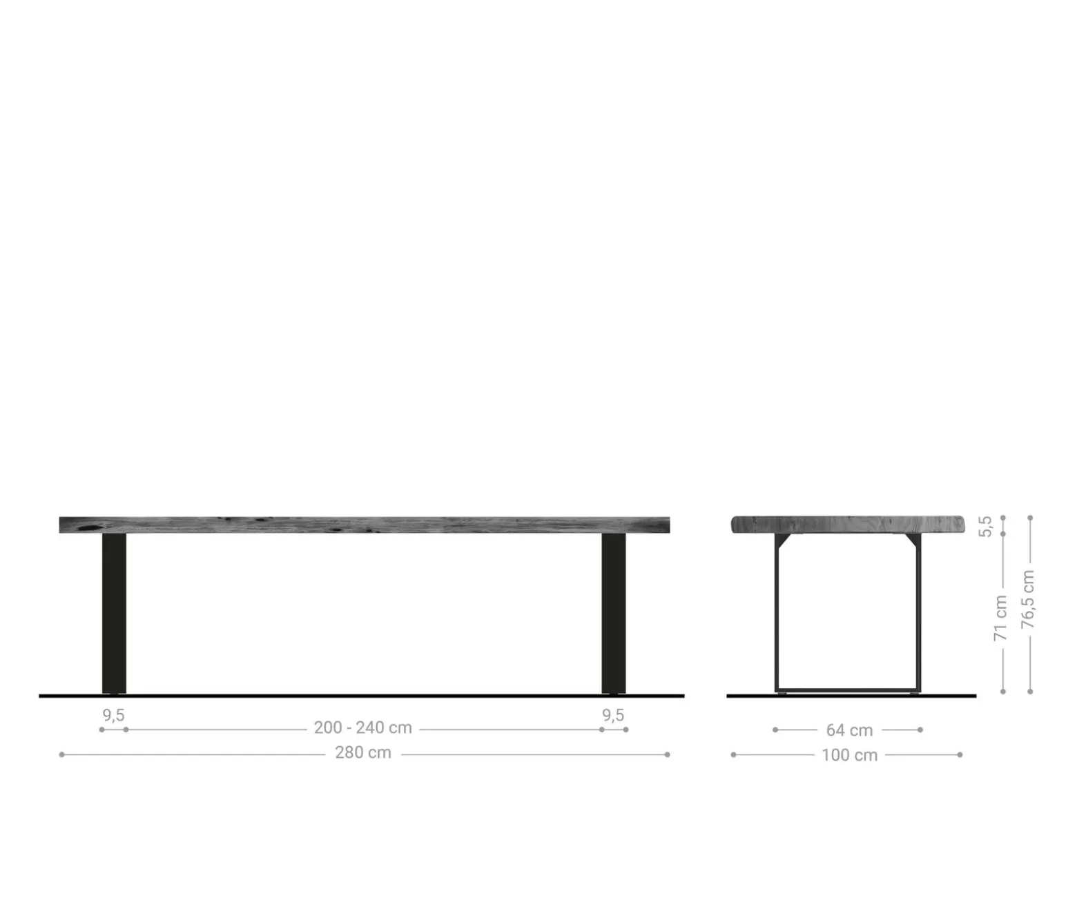 EsstischEdge 280x100cm XL Akazie Natur Edelstahl schmal Live- Sofort versandfertig
