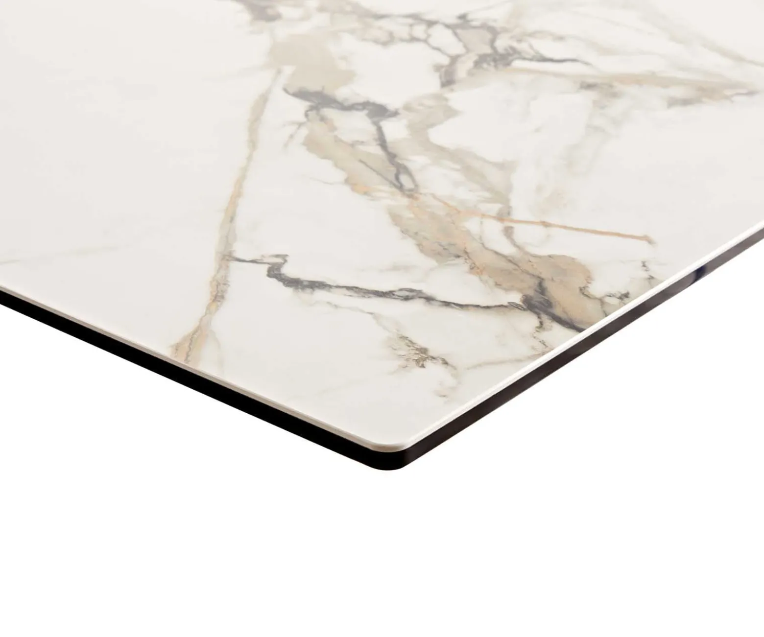 EsstischEdge 200-300x100 Keramik Calacatta Luxe Weiß-Gold-Grau W-Gestell Schwarz ausziehbar Sofort versandfertig