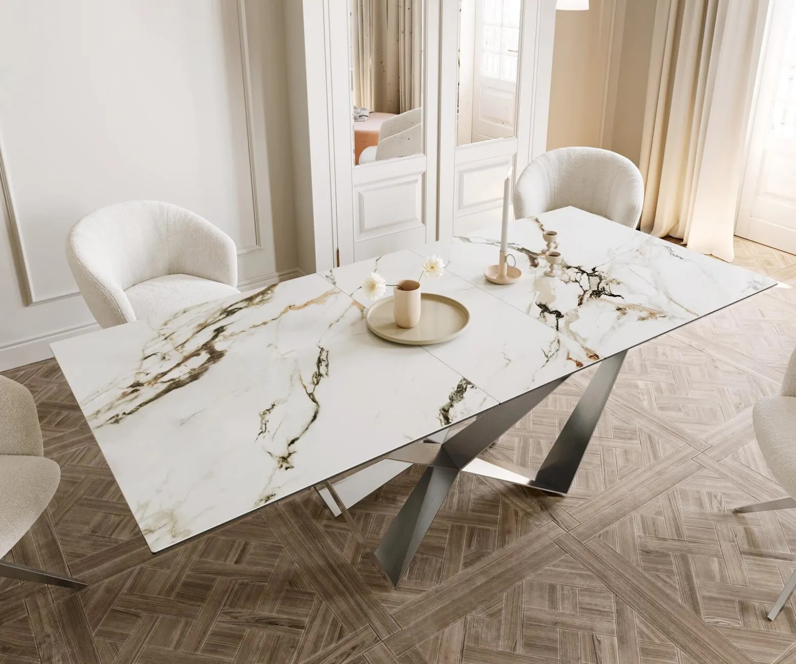 EsstischEdge 180-220x100 Keramik Calacatta Luxe Weiß-Gold-Grau Spider Flachstahl Edelstahl ausziehbar Sofort versandfertig