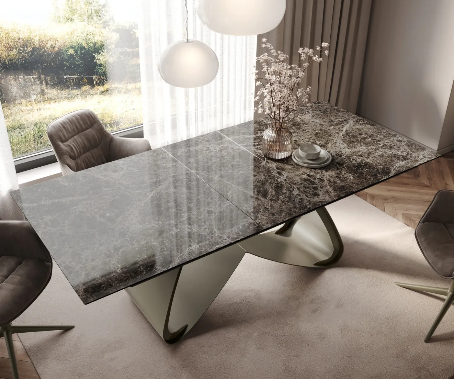 EsstischEdge 180-220x100 Keramik Emperador Extra Lucidato Dunkelbraun W-Gestell Effektfinish Titan ausziehbar Sofort versandfertig