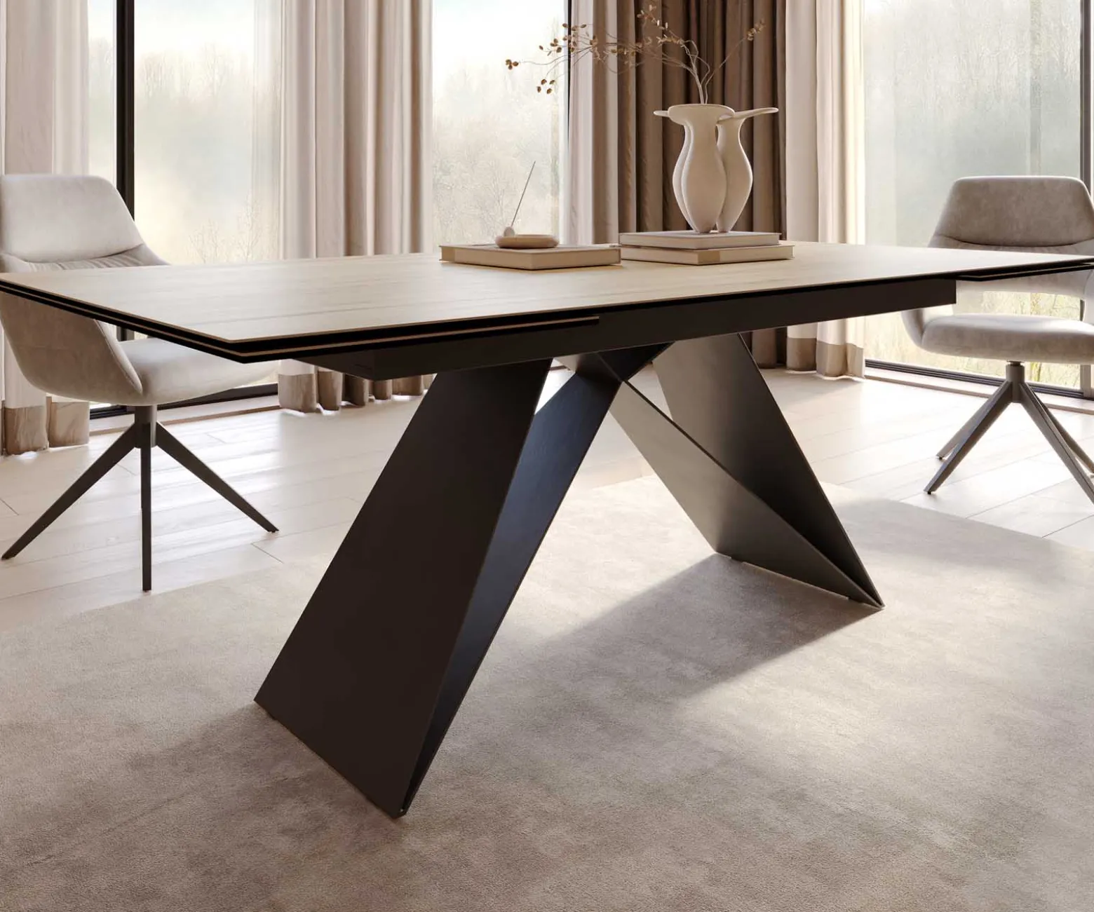 EsstischEdge 200-300x100 Keramik Laminam® Sabbia Eichefarbig V-Gestell Flachstahl Schwarz ausziehbar Sofort versandfertig