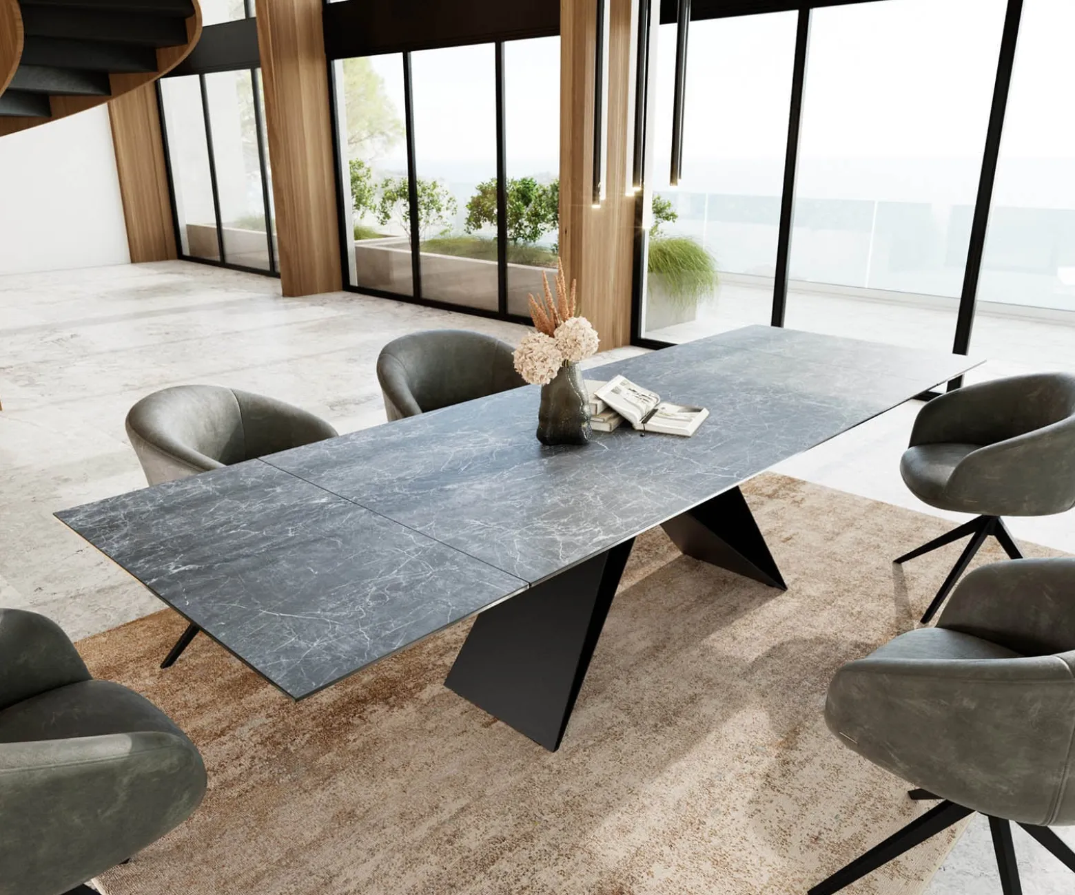 EsstischEdge 200-300x100 Keramik Laminam®Nero Greco Anthrazit V-Gestell Flachstahl Schwarz ausziehbar Sofort versandfertig