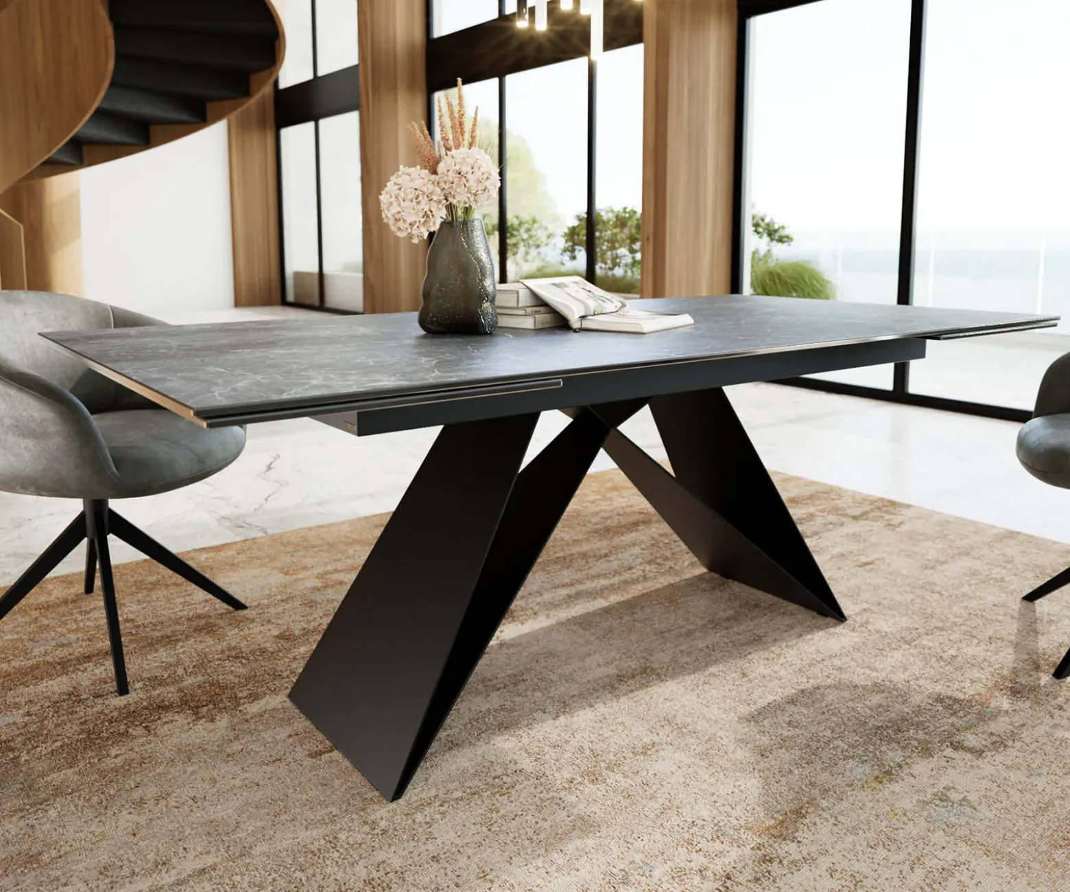 EsstischEdge 200-300x100 Keramik Laminam®Nero Greco Anthrazit V-Gestell Flachstahl Schwarz ausziehbar Sofort versandfertig