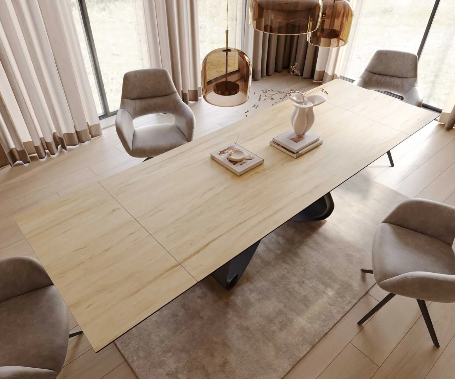 EsstischEdge 200-300x100 Keramik Laminam® Sabbia Eichefarbig W-Gestell Schwarz ausziehbar Sofort versandfertig