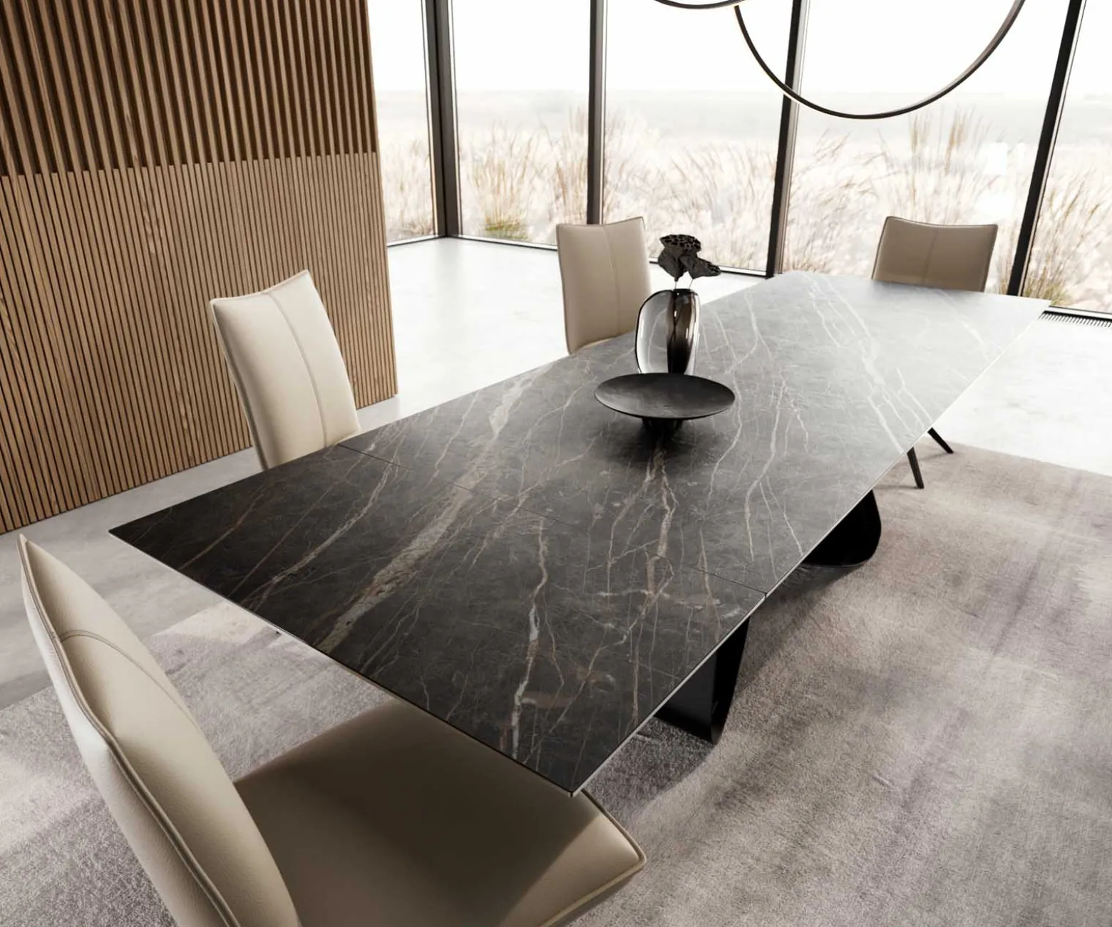 EsstischEdge 200-300x100 Keramik Laminam®Noir Desir Braun W-Gestell Schwarz ausziehbar Sofort versandfertig