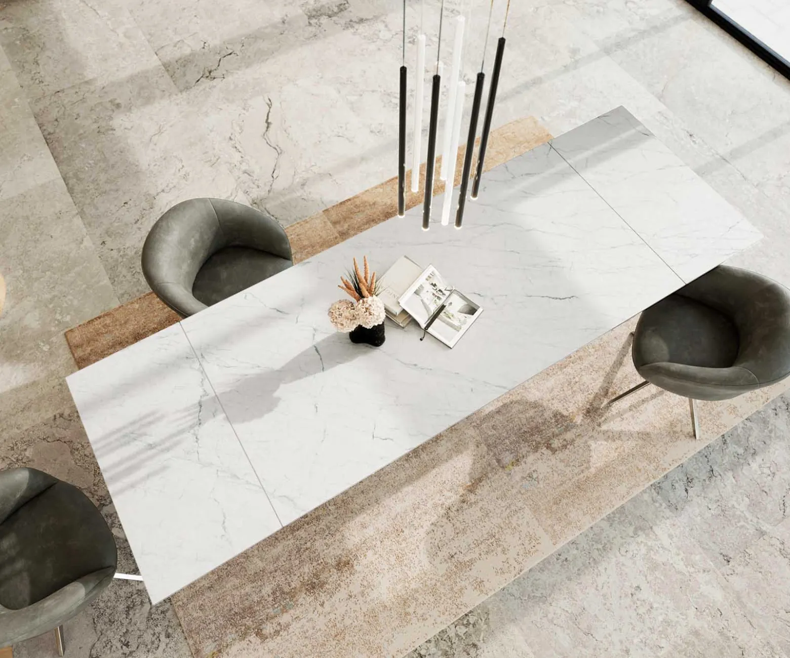 EsstischEdge 200-300x100 Keramik Laminam®Statuarietto Weiß Spider Flachstahl Edelstahl ausziehbar Versandfertig ca. 28.10.26