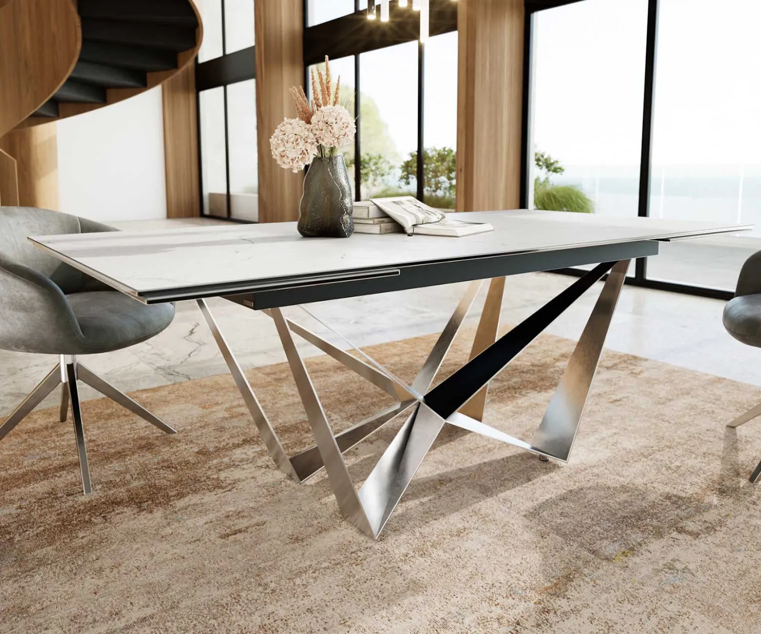 EsstischEdge 200-300x100 Keramik Laminam®Statuarietto Weiß Spider Flachstahl Edelstahl ausziehbar Versandfertig ca. 28.10.26
