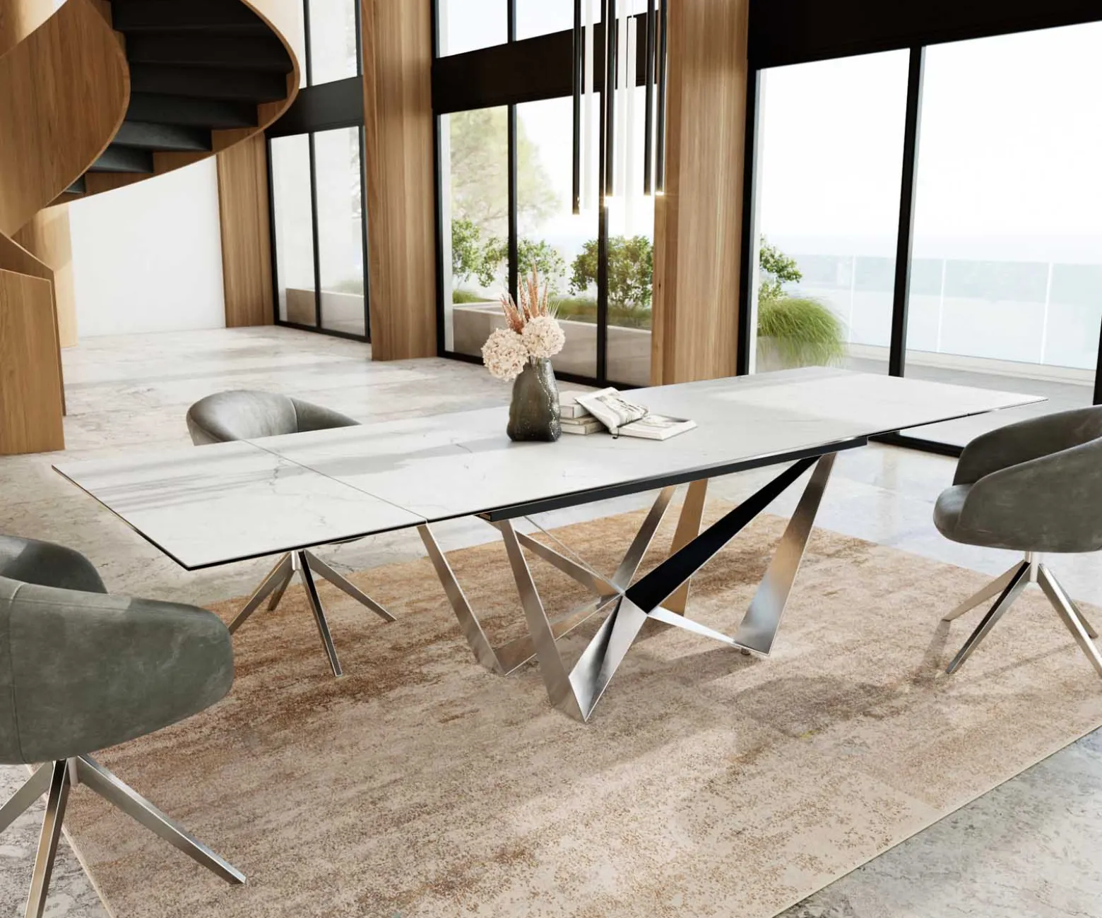 EsstischEdge 200-300x100 Keramik Laminam®Statuarietto Weiß Spider Flachstahl Edelstahl ausziehbar Versandfertig ca. 28.10.26