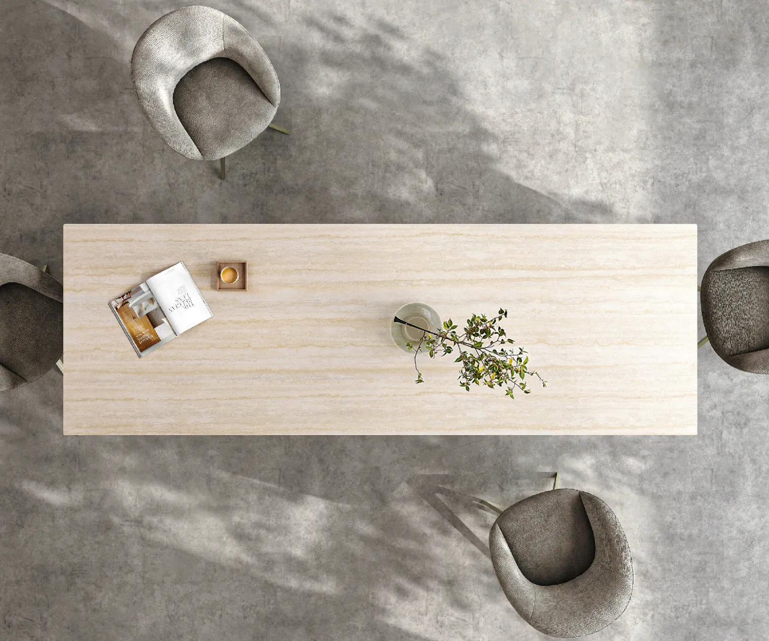EsstischEdge 200-300x100 Keramik Laminam® Travertino Bianco Creme-Weiß W-Gestell Effektfinish Titan ausziehbar Sofort versandfertig