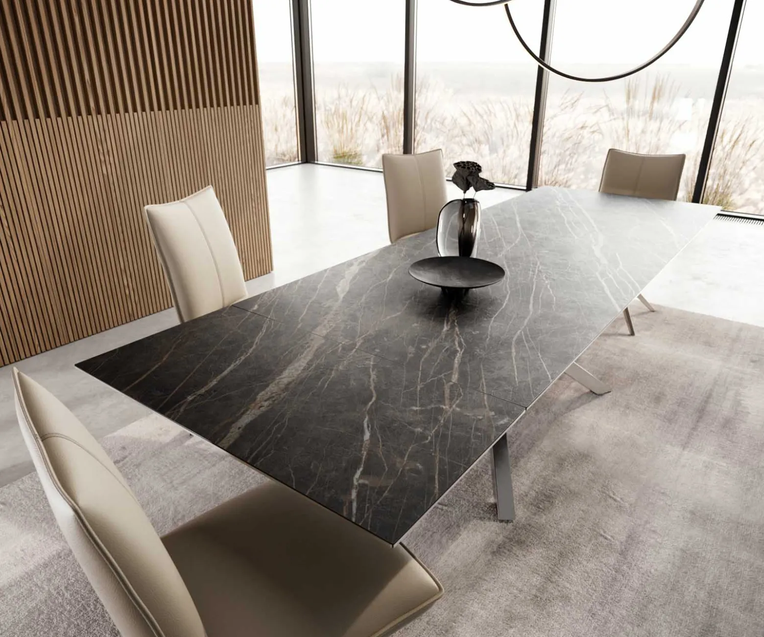 EsstischEdge 200-300x100 Keramik Laminam®Noir Desir Braun Kreuzgestell Rechteck Edelstahl ausziehbar Sofort versandfertig