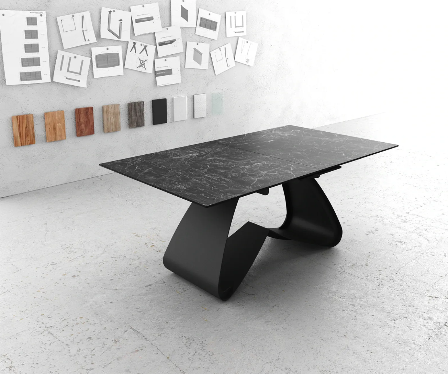 EsstischEdge 180-220x100 Keramik Laminam®Nero Greco Anthrazit W-Gestell Schwarz ausziehbar Sofort versandfertig