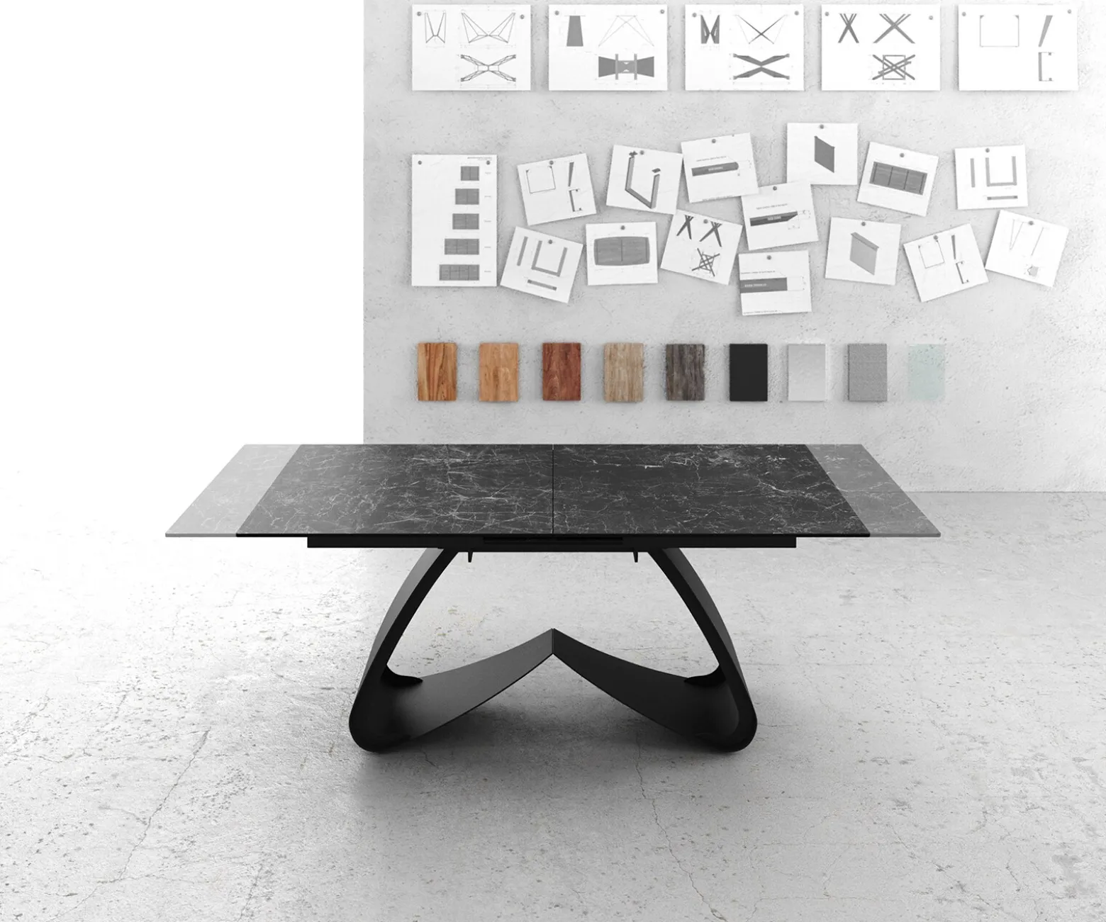 EsstischEdge 180-220x100 Keramik Laminam®Nero Greco Anthrazit W-Gestell Schwarz ausziehbar Sofort versandfertig