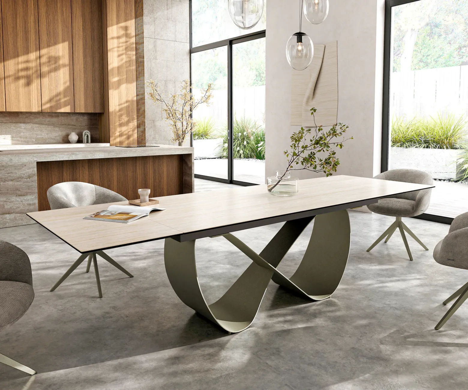 EsstischEdge 200-300x100 Keramik Laminam® Travertino Bianco Creme-Weiß Infinity Metall Effektfinish Titan ausziehbar Sofort versandfertig