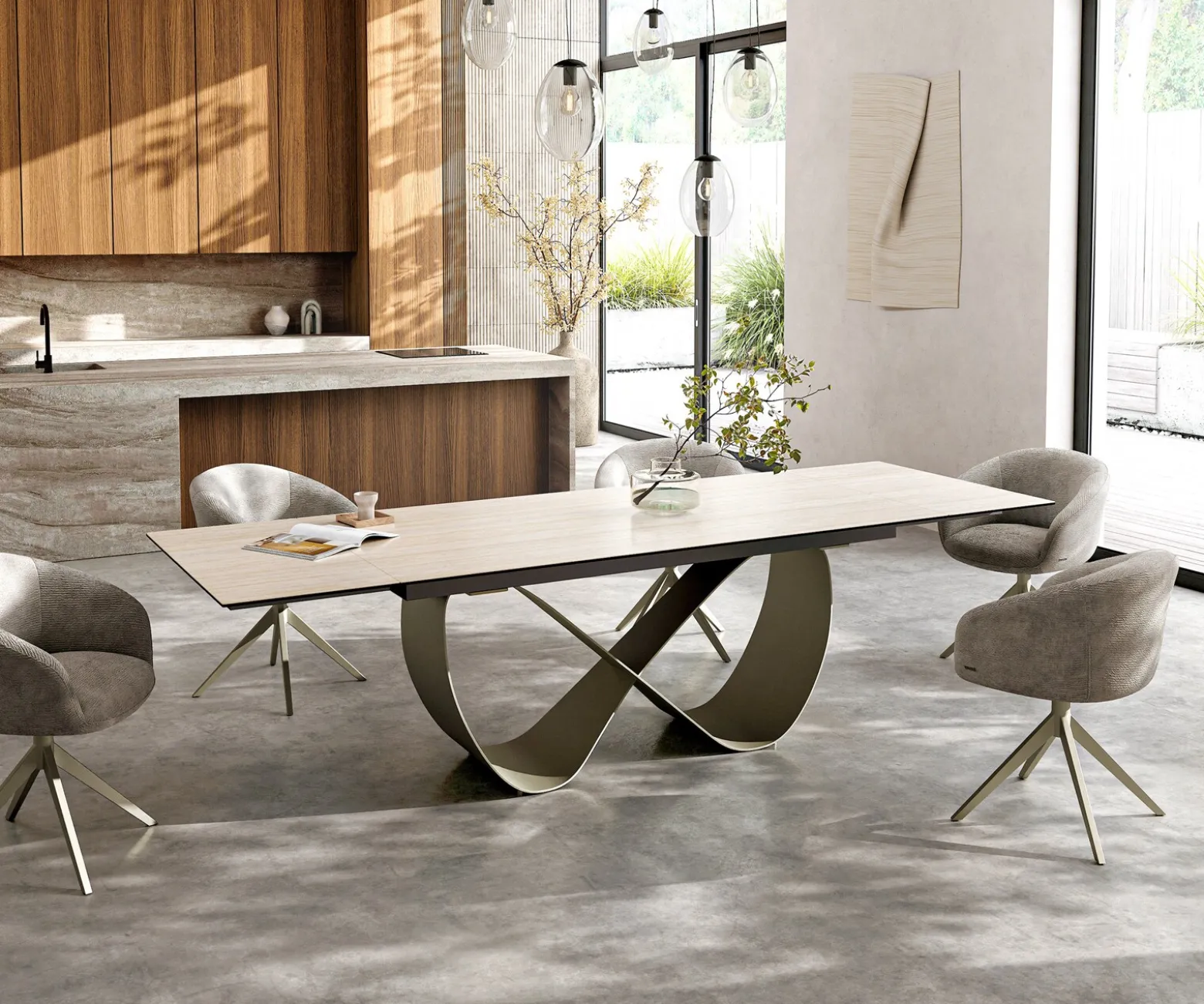 EsstischEdge 200-300x100 Keramik Laminam® Travertino Bianco Creme-Weiß Infinity Metall Effektfinish Titan ausziehbar Sofort versandfertig