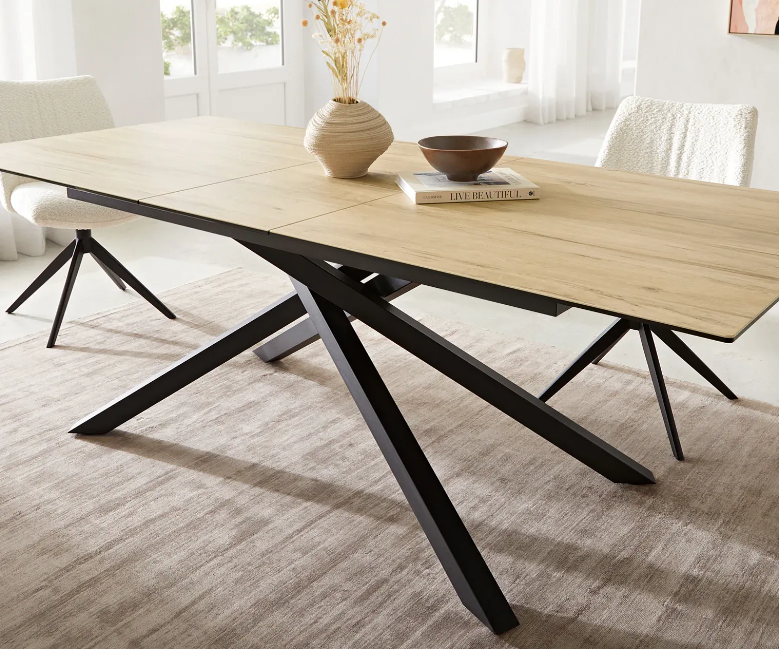 EsstischEdge 180-220x100 Keramik Laminam® Sabbia Eichefarbig Kreuzgestell Rechteck Schwarz ausziehbar Sofort versandfertig