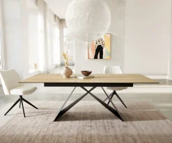 EsstischEdge 180-220x100 Keramik Laminam® Sabbia Eichefarbig V-Gestell Flachstahl Schwarz ausziehbar Sofort versandfertig