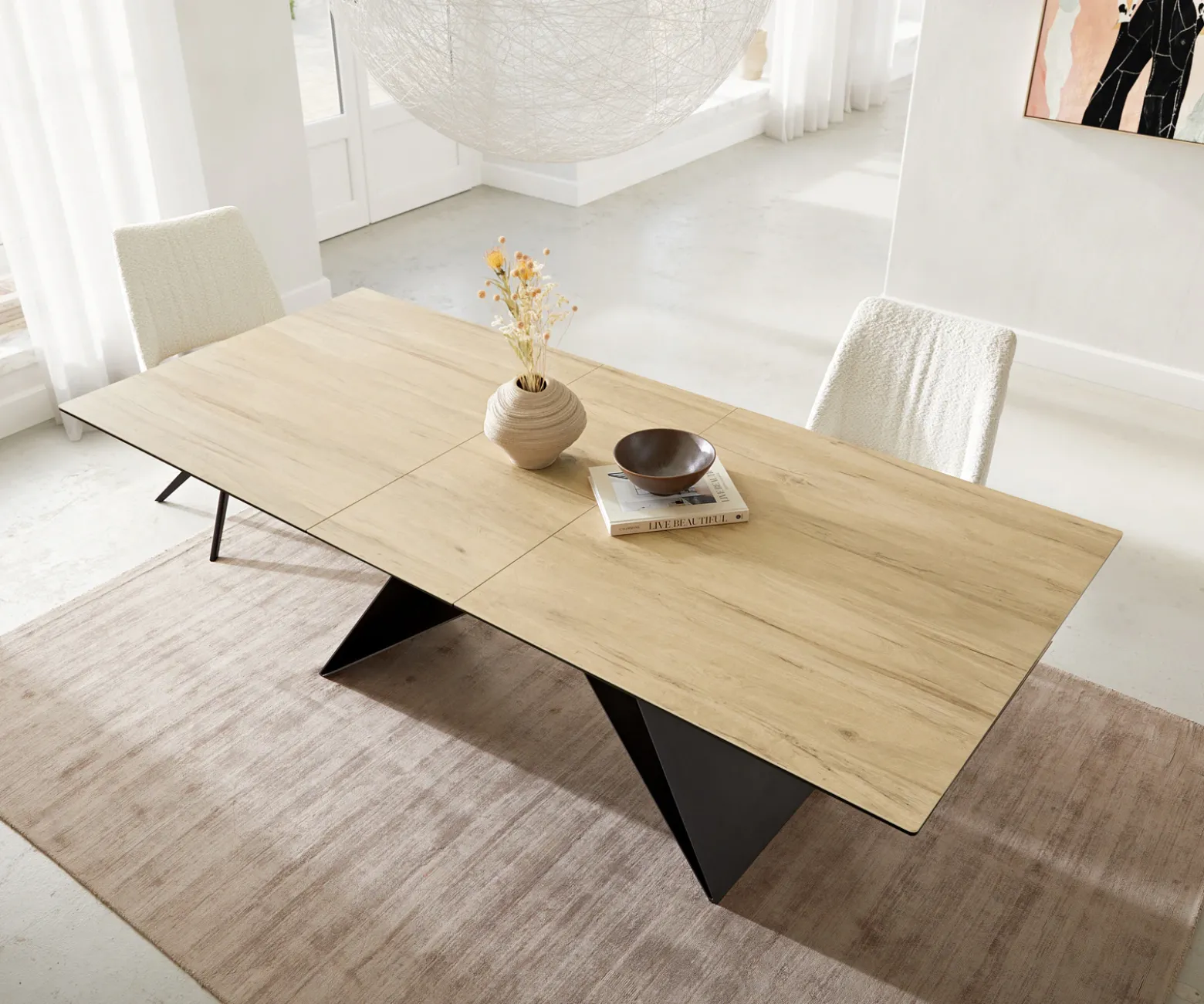 EsstischEdge 180-220x100 Keramik Laminam® Sabbia Eichefarbig V-Gestell Flachstahl Schwarz ausziehbar Sofort versandfertig