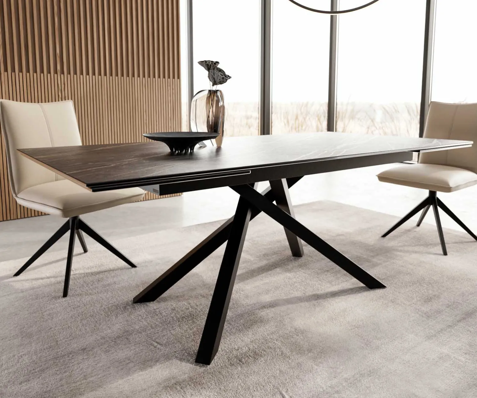 EsstischEdge 200-300x100 Keramik Laminam®Noir Desir Braun Kreuzgestell Rechteck Schwarz ausziehbar Sofort versandfertig