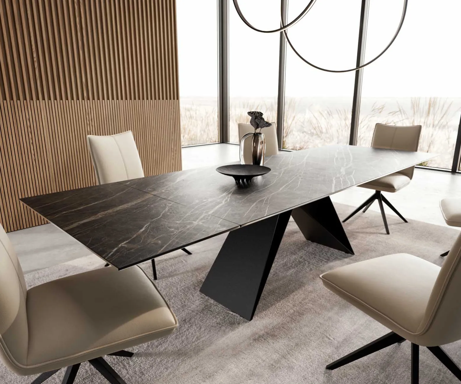 EsstischEdge 200-300x100 Keramik Laminam®Noir Desir Braun V-Gestell Flachstahl Schwarz ausziehbar Sofort versandfertig