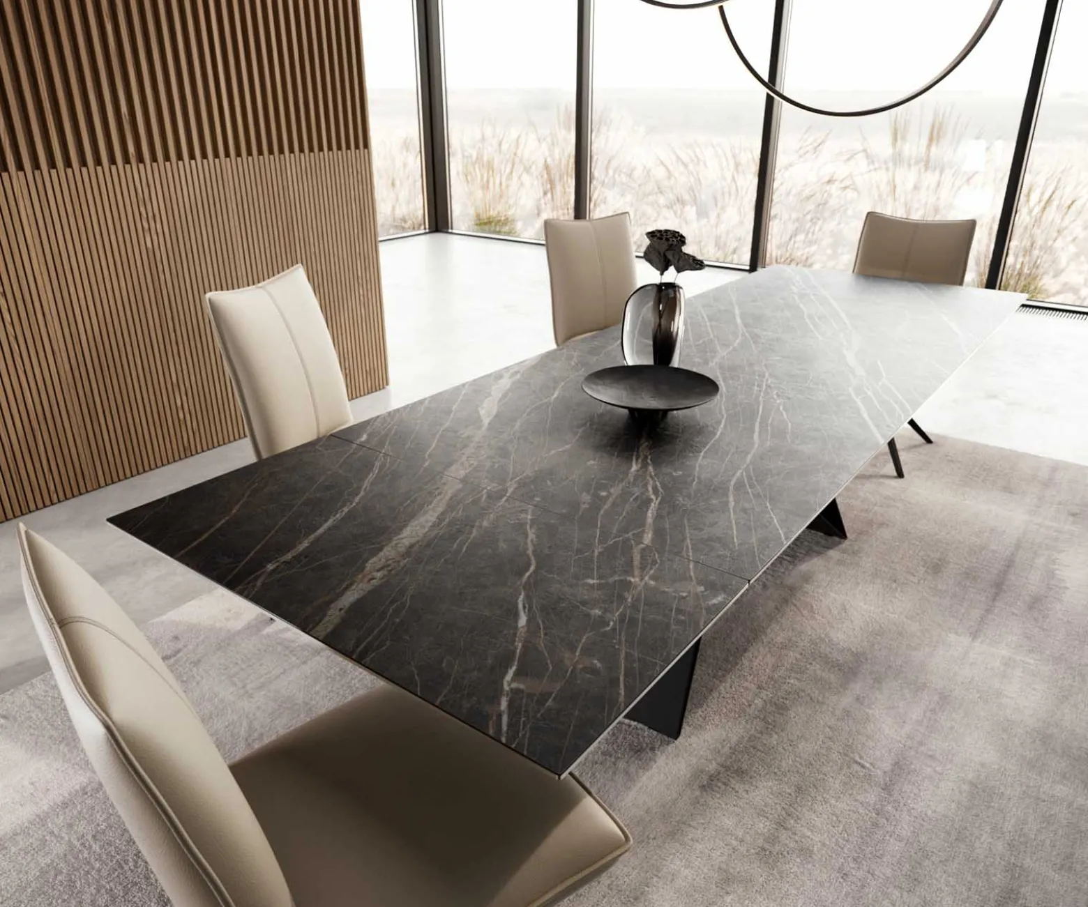 EsstischEdge 200-300x100 Keramik Laminam®Noir Desir Braun V-Gestell Flachstahl Schwarz ausziehbar Sofort versandfertig