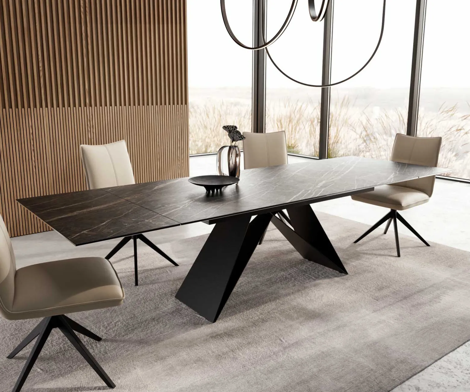 EsstischEdge 200-300x100 Keramik Laminam®Noir Desir Braun V-Gestell Flachstahl Schwarz ausziehbar Sofort versandfertig