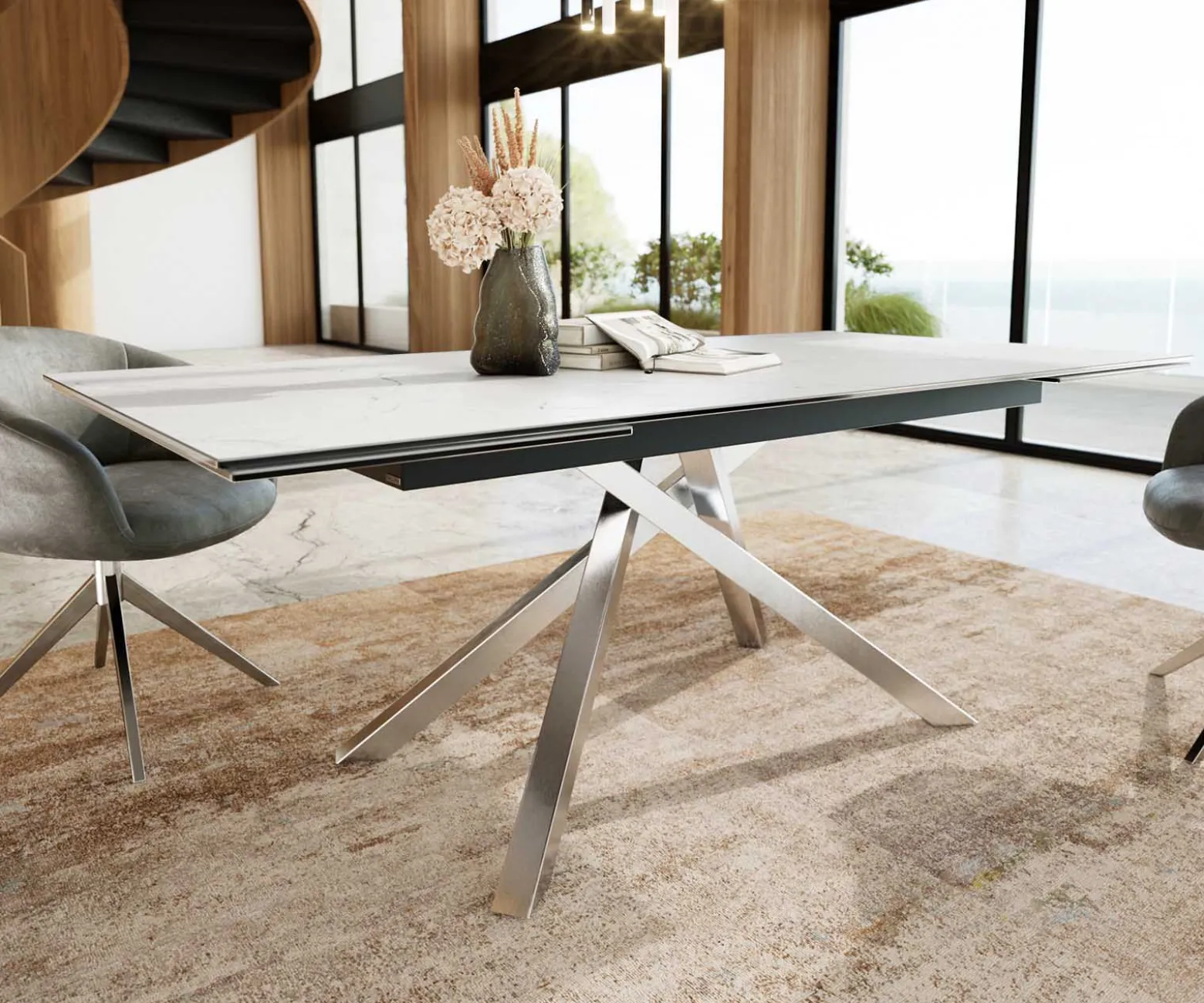EsstischEdge 200-300x100 Keramik Laminam®Statuarietto Weiß Kreuzgestell Rechteck Edelstahl ausziehbar Versandfertig ca. 28.10.26