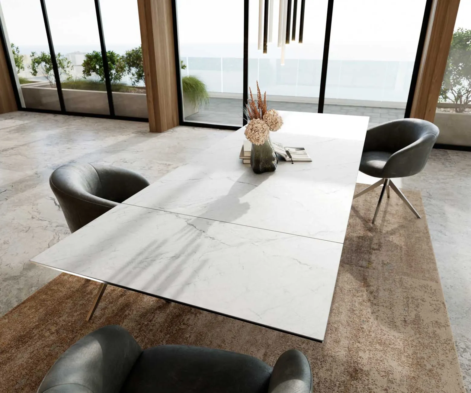 EsstischEdge 200-300x100 Keramik Laminam®Statuarietto Weiß Kreuzgestell Rechteck Edelstahl ausziehbar Versandfertig ca. 28.10.26