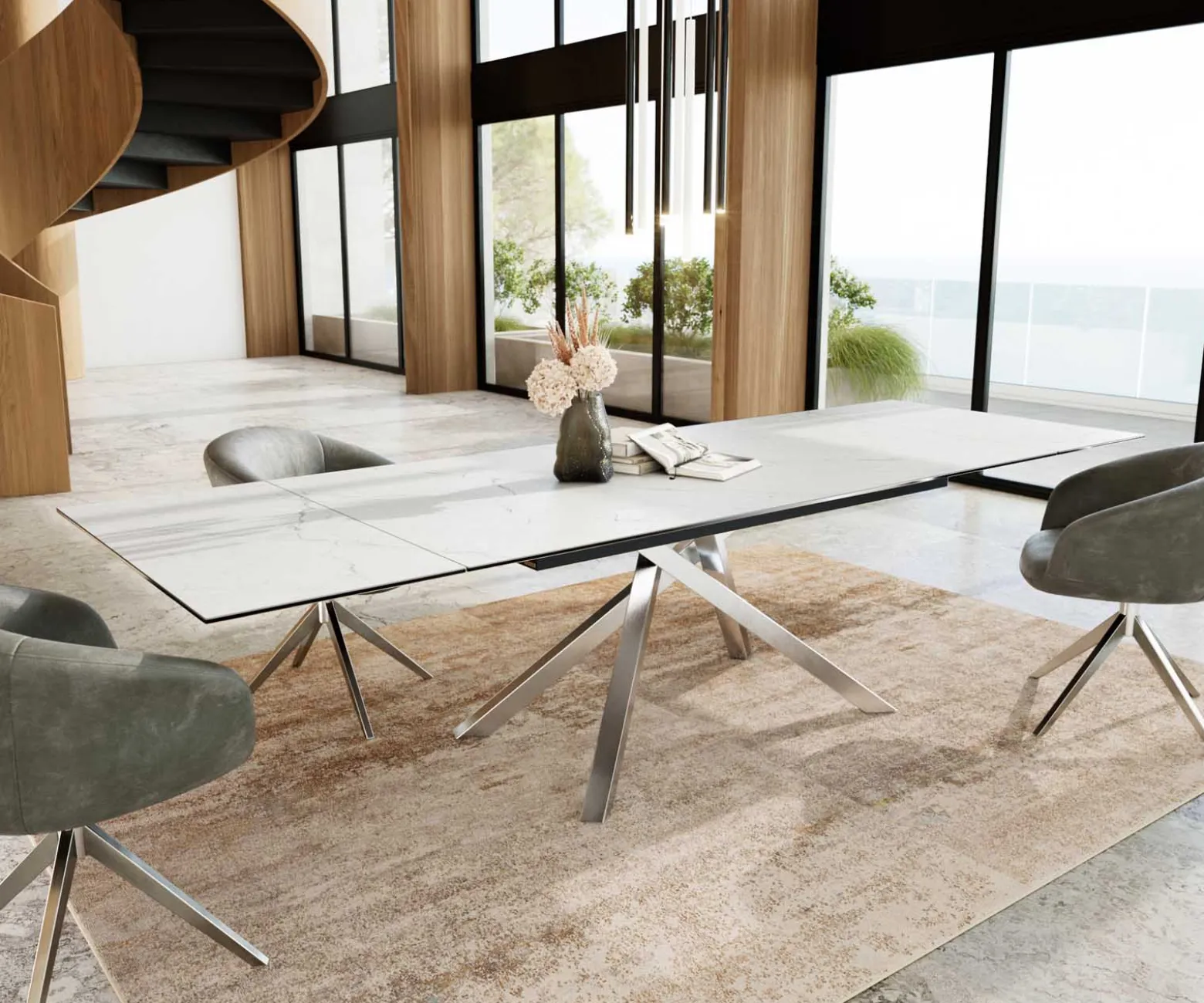 EsstischEdge 200-300x100 Keramik Laminam®Statuarietto Weiß Kreuzgestell Rechteck Edelstahl ausziehbar Versandfertig ca. 28.10.26