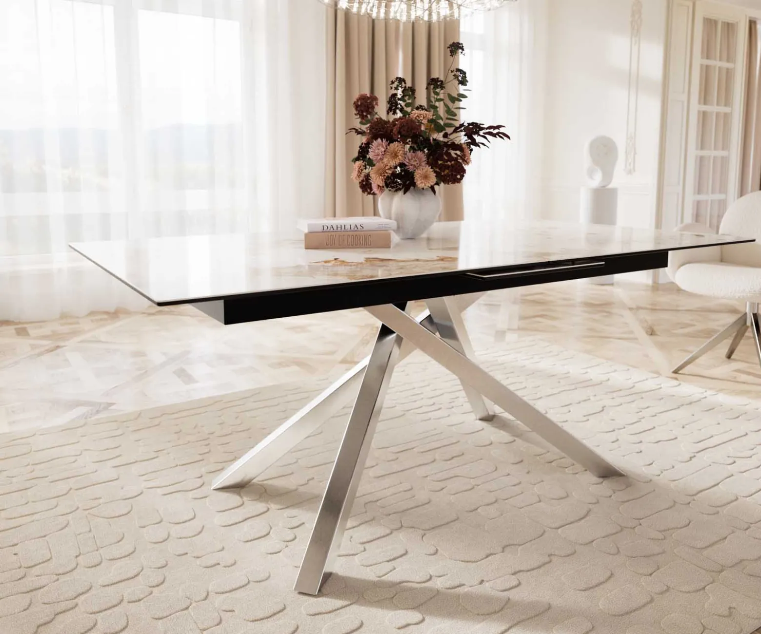 EsstischEdge 180-220x100 Keramik Minas Melange Weiß-Beige Kreuzgestell Rechteck Edelstahl ausziehbar Sofort versandfertig