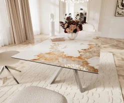 EsstischEdge 180-220x100 Keramik Minas Melange Weiß-Beige Kreuzgestell Rechteck Edelstahl ausziehbar Sofort versandfertig