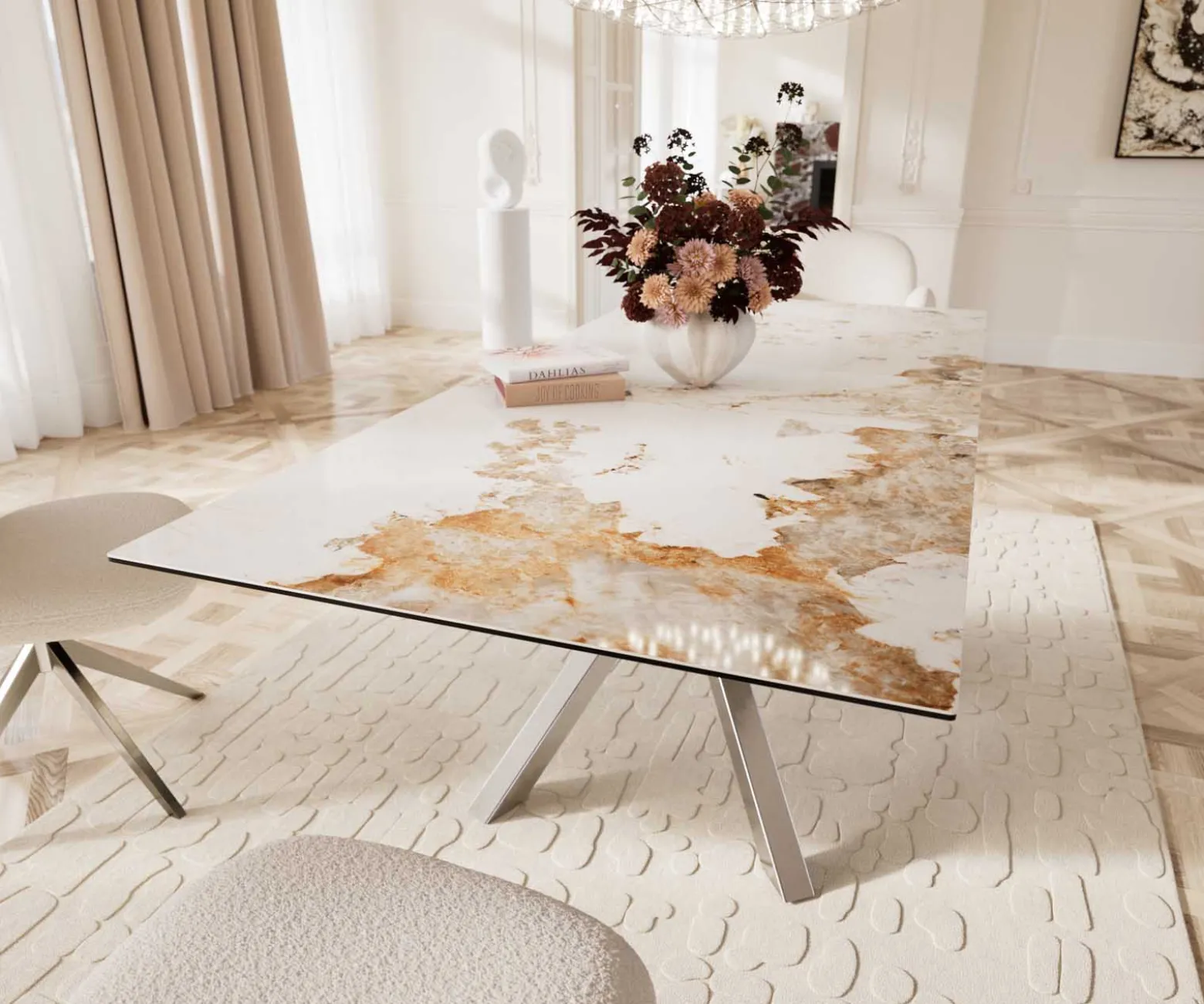 EsstischEdge 180-220x100 Keramik Minas Melange Weiß-Beige Kreuzgestell Rechteck Edelstahl ausziehbar Sofort versandfertig