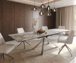 EsstischEdge 200-300x100 Keramik Minas Melange Weiß-Beige Kreuzgestell Rechteck Edelstahl ausziehbar Sofort versandfertig