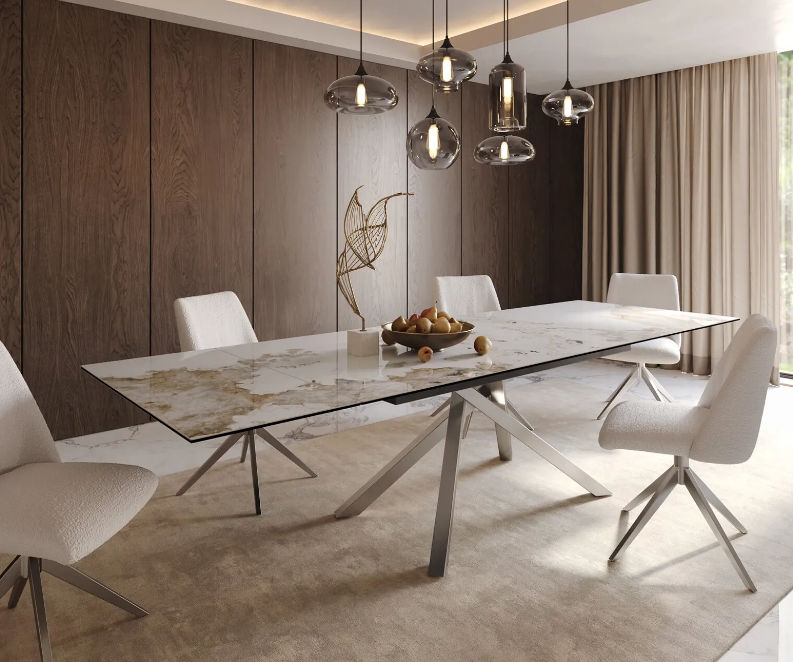 EsstischEdge 200-300x100 Keramik Minas Melange Weiß-Beige Kreuzgestell Rechteck Edelstahl ausziehbar Sofort versandfertig