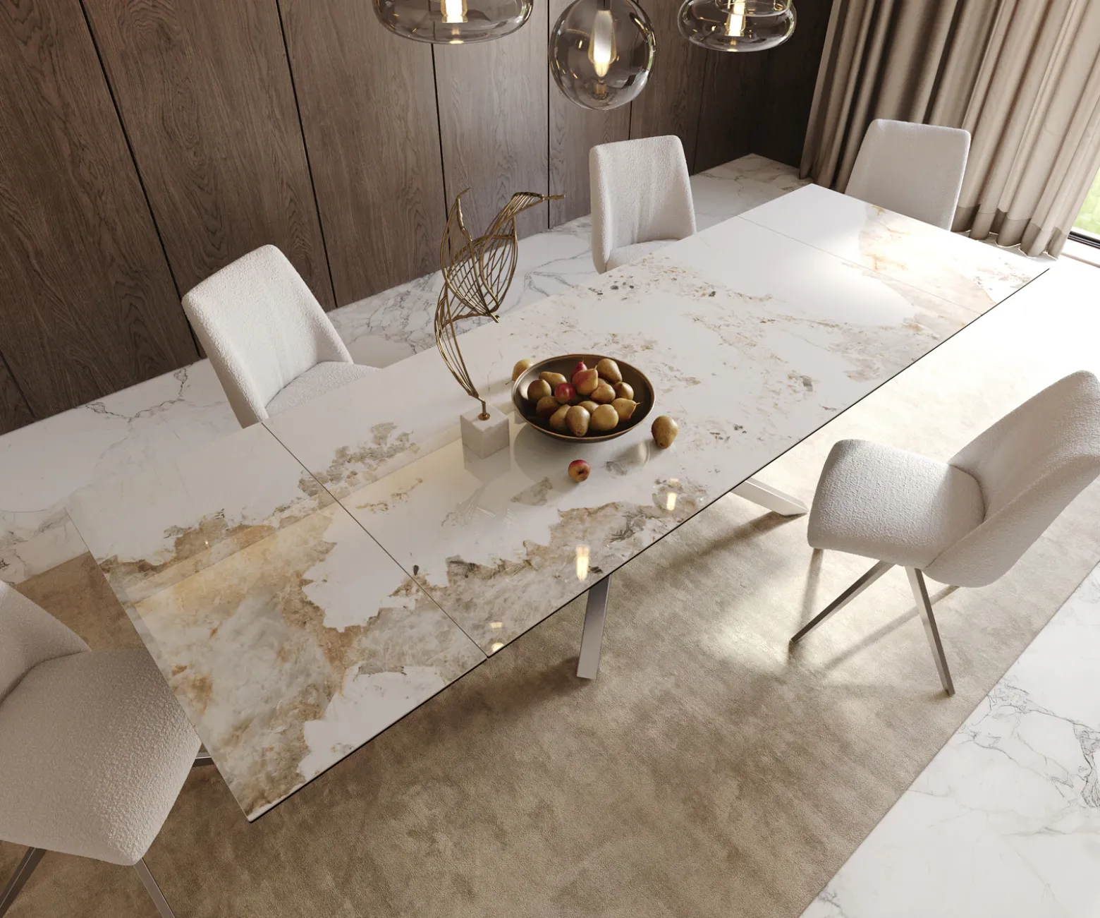 EsstischEdge 200-300x100 Keramik Minas Melange Weiß-Beige Kreuzgestell Rechteck Edelstahl ausziehbar Sofort versandfertig